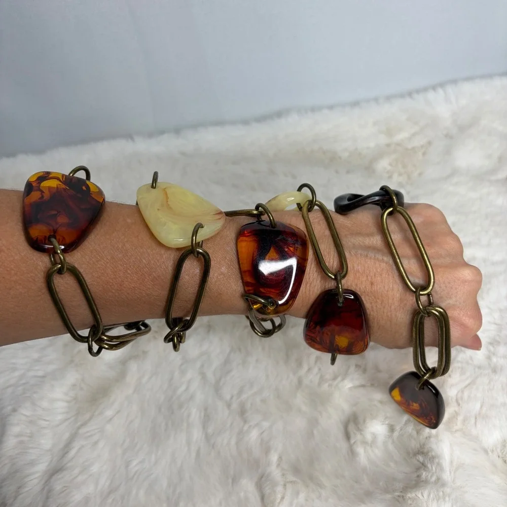 Fossil Women Brass Tone Chain Belt Faux Amber Resin Guitar Pick Charms 43 Inch